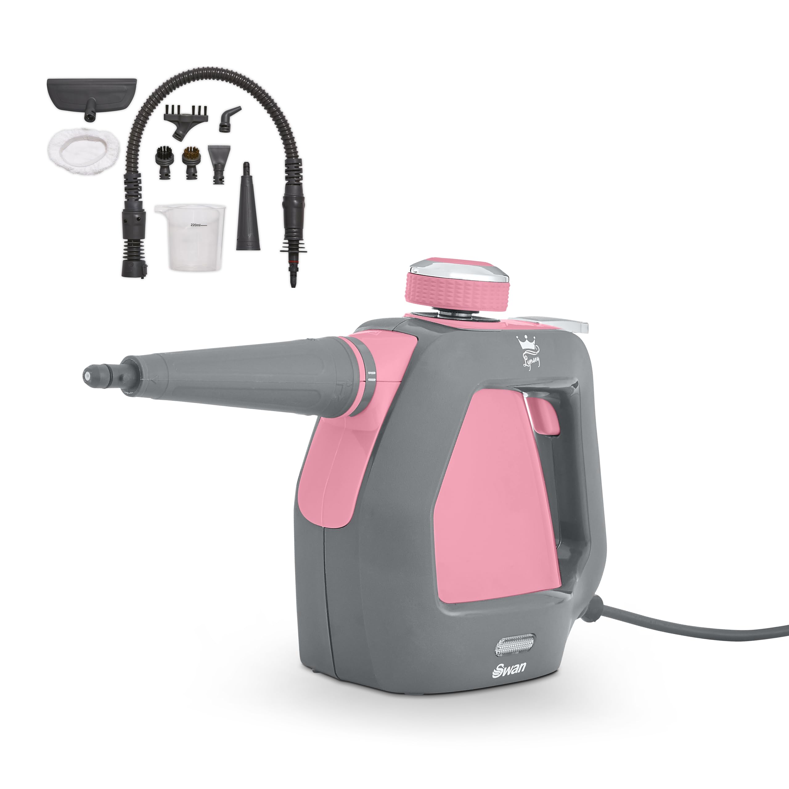 Swan Lynsey TV’s Queen of Clean Handheld Steam Cleaner, 9 Piece Accessory Kit, Multi-purpose cleaning, 3 bar Steam Pressure, Lightweight, Portable, Pink/Grey, SC17350QOCN, Clear