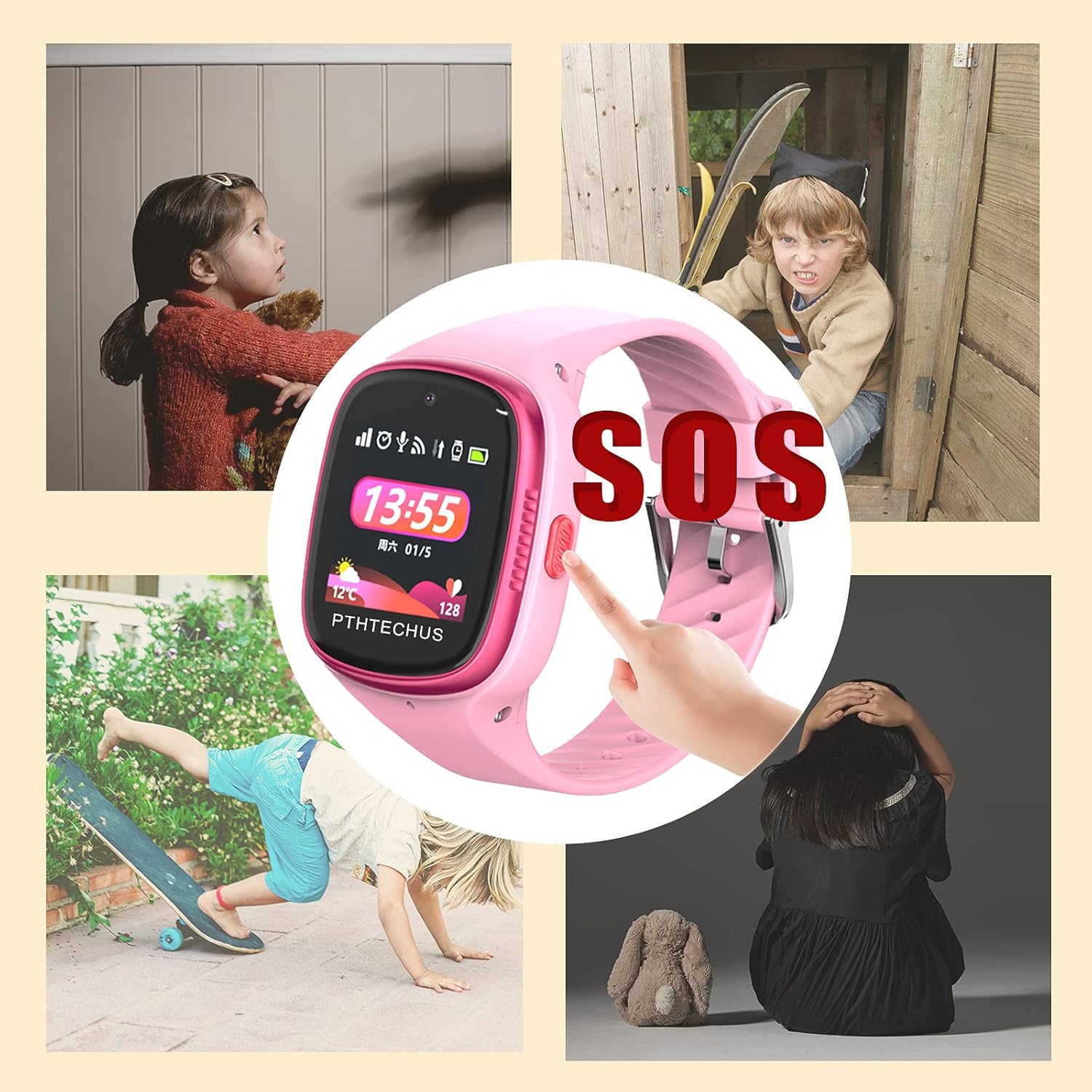 Reloj inteligente para niños PTHTECHUS 4G con un dedo presionando el botón SOS, rodeado de imágenes que representan situaciones de emergencia.