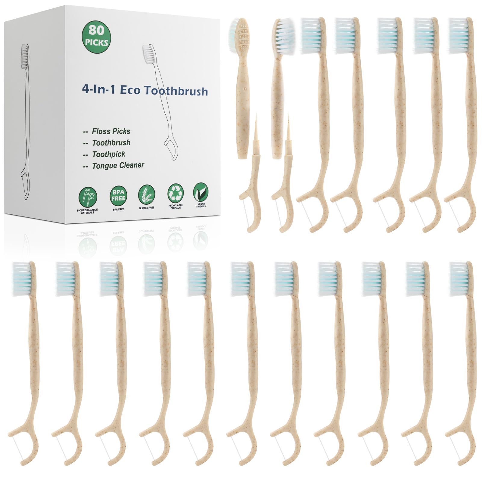 NUDUKO Travel Toothbrush Dental Floss Picks - 4 in 1 Biodegradable Disposable Toothbrushes with Tongue Scraper, Eco-Friendly Individually Wrapped