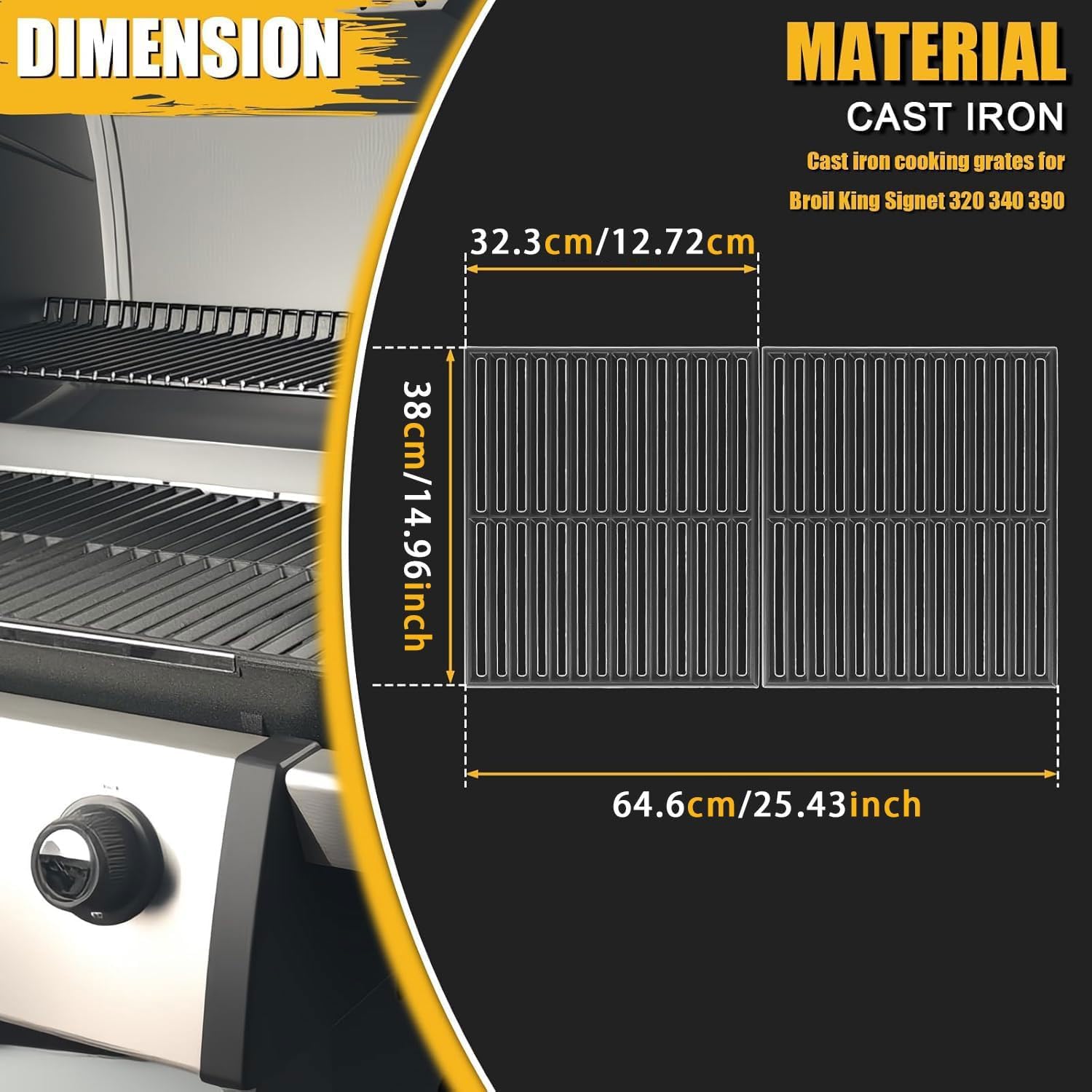GFTIME Parrilla de hierro fundido para BroilKing Signet 320, 340, 390, 38 x 64,6 cm, 2 unidades