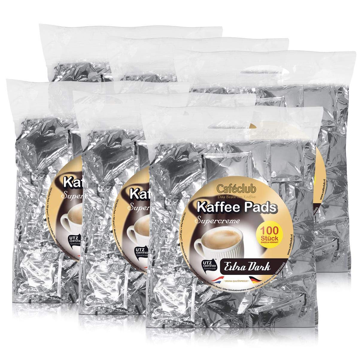 6x Cafeclub Extra Dark Kaffeepads Megabeutel je 100 stk. dunkle Röstung einzeln verpackt
