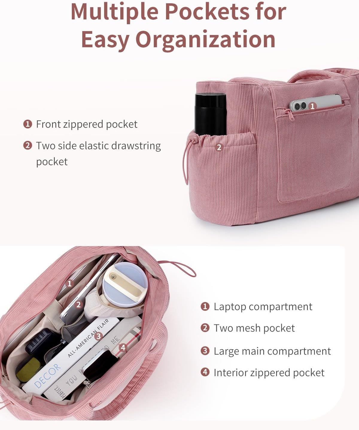 ECOHUB Large Corduroy Tote Bag for Women with Cup Holder & Luggage Sleeve & Laptop Compartment for Work Travel College Casual - Image 6