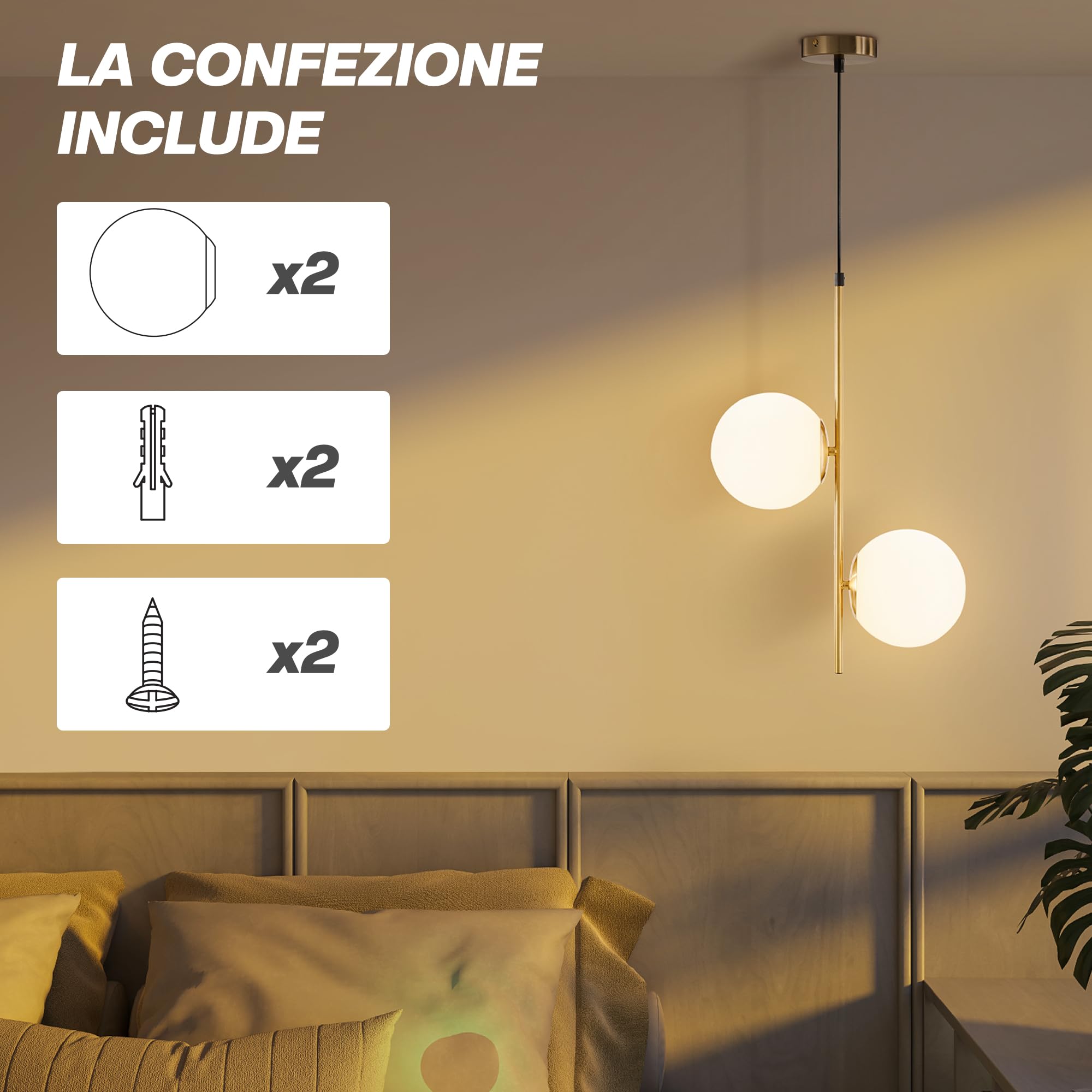 HOMCOM Lampada a Sospensione con 2 Paralumi, 32x15x51 cm, Bianca e Oro | in Vetro, Filo Regolabile, Lampada Moderna in Metallo