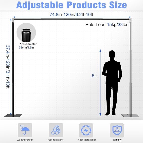TOCRETOARE Pipe and Drape Backdrop Stand 10FT x 10FT, Adjustable Backdrop Stand Heavy Duty, Background Stand, Backdrop Stand for Parties, Photography, Wedding, Birthday Decoration