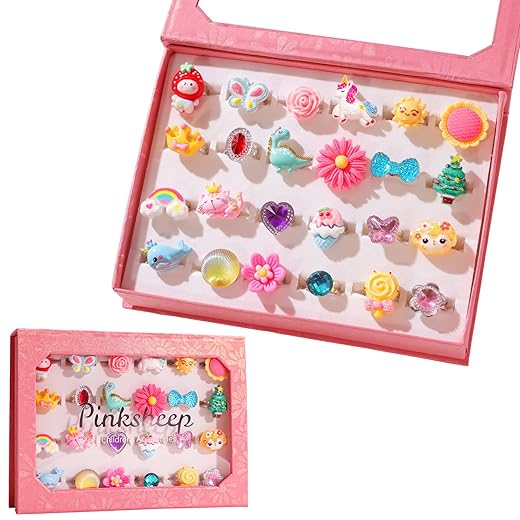 PinkSheep Little Girl Jewel Rings in Box, Adjustable, No Duplication, Girl Pretend Play and Dress Up Rings (24 Lovely Ring)