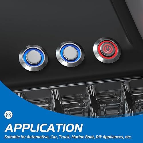 Miniatura 6 de DaierTek Interruptor de botón con pestillo de 0.472 pulgadas, interruptor de botón pulsador de 12 V, carcasa plateada, luz LED azul, impermeable,