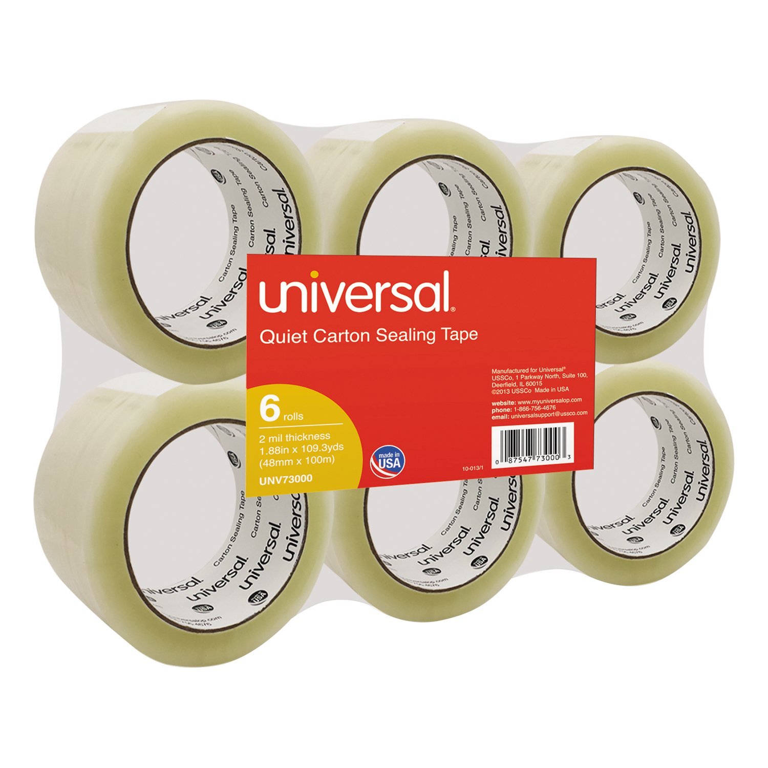 Universal UNV73000 Quiet Tape 3 in. Core 1.88 in. x 110 yds. Box Sealing Tape - Clear (6/Pack)