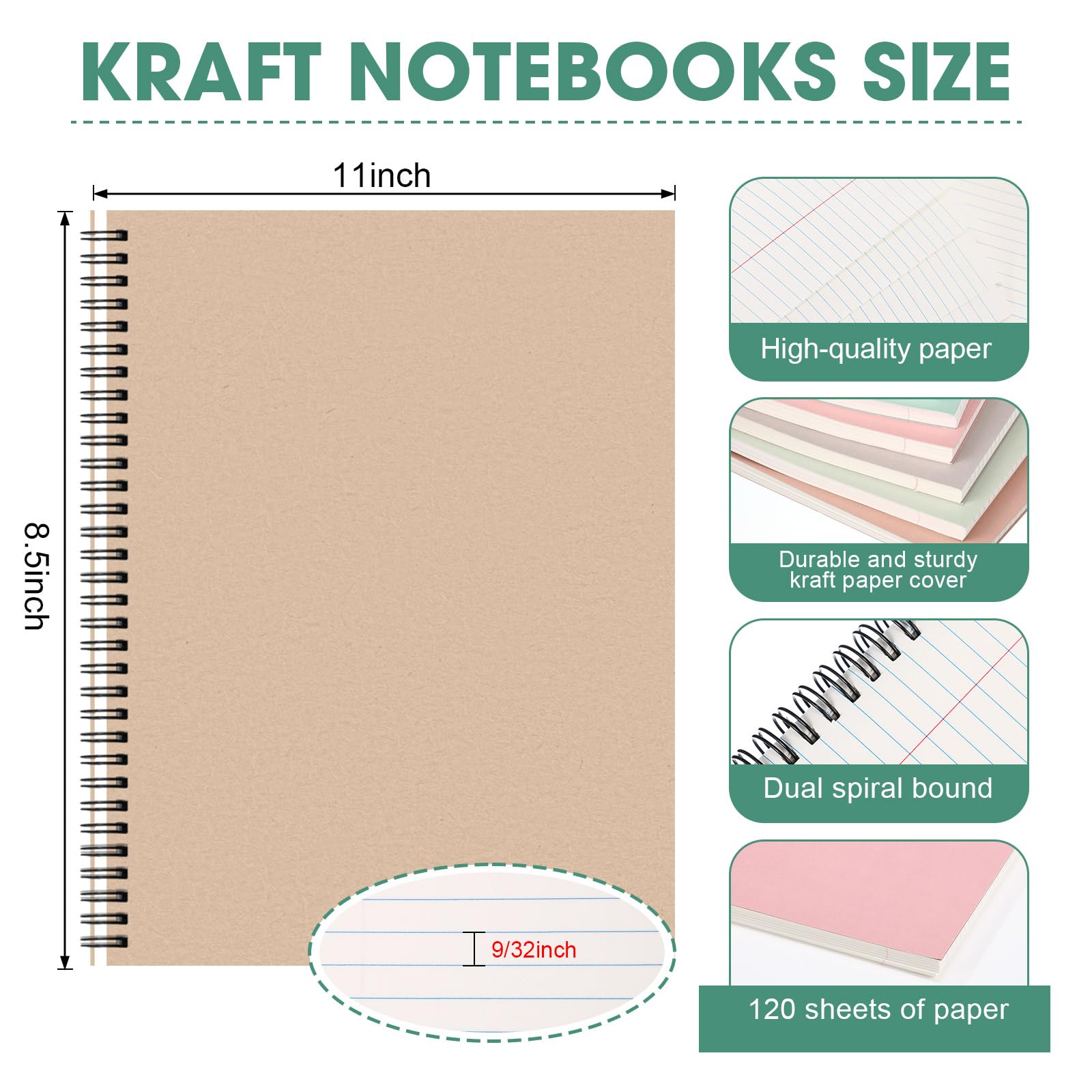 Glenmal 6 quaderni a spirale per lavoro, formato A4, 21 x 28 cm, a righe, con copertina in carta kraft, 120 fogli, 240 pagine, per ufficio e studio (colori bohémien)