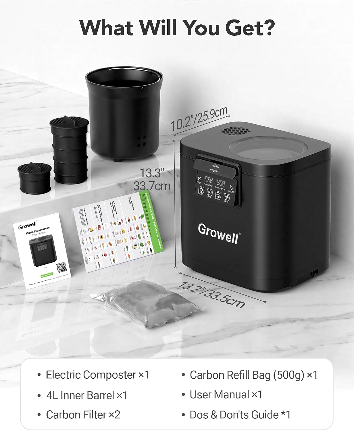 Contents of the Growell Electric Composter package including the composter unit, inner barrel, carbon filters, carbon refill bag, user manual, and a dos and don'ts guide.