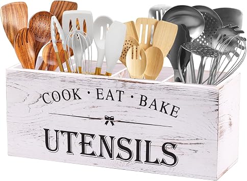 Kitchen Utensil Holder for Counter or Countertop, Extra Large Wood Organizer with 4 Compartments, Wooden Storage for Cooking and Silverware, Rustic Minimalist Decor, Sturdy Utensil Crock-White