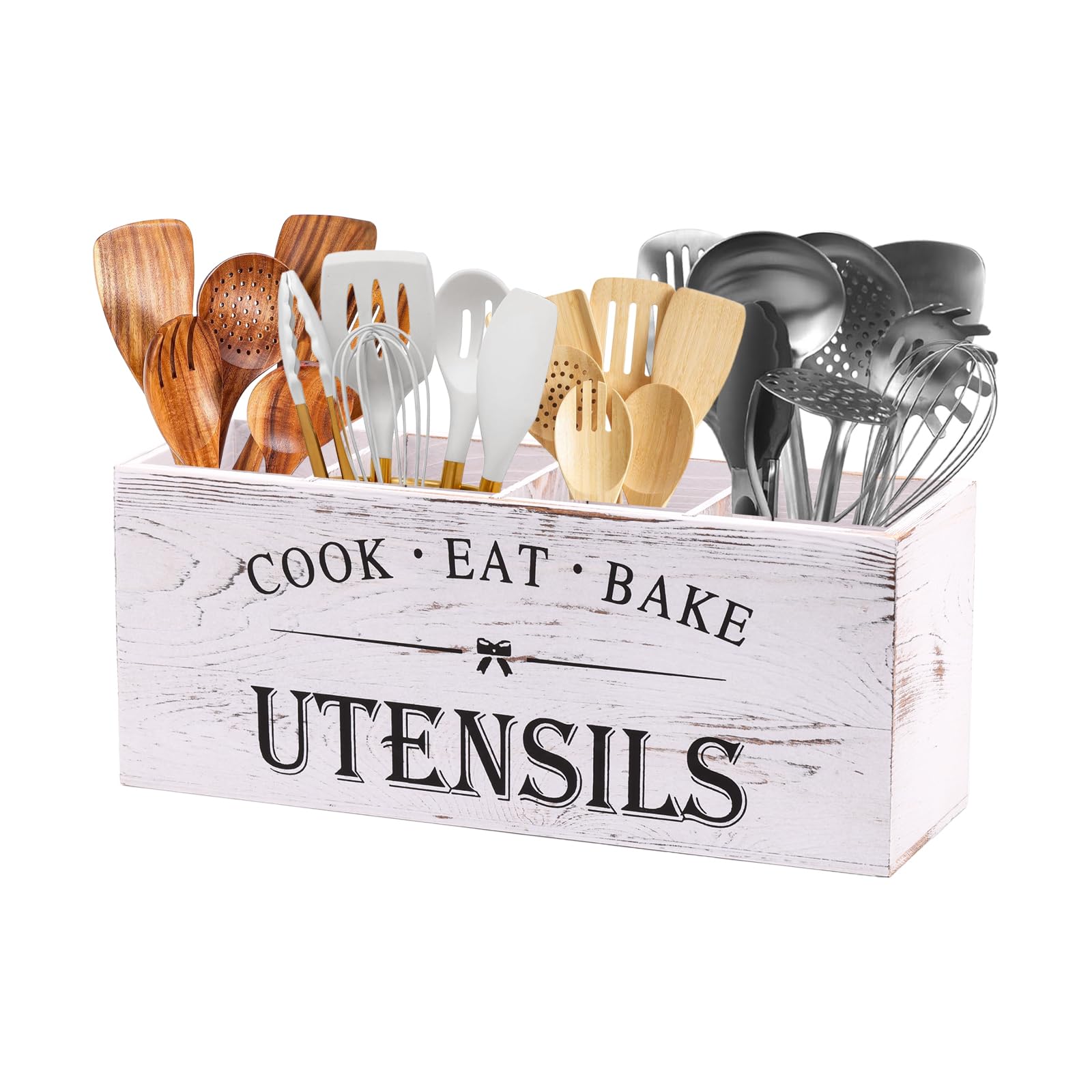 kitchen utensil holder for counter or countertop extra large wood organizer with 4 compartments wooden storage for cooking and silverware rustic minimalist decor sturdy utensil crock-white