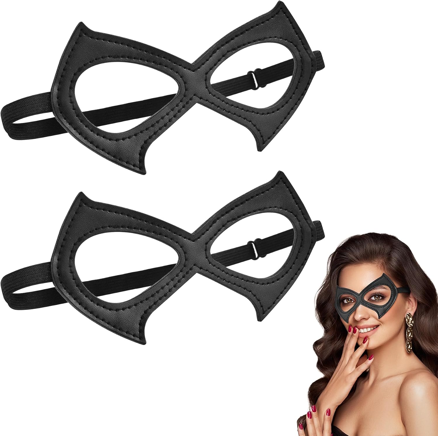 2PCS Adjustable Cat Woman Mask Leather Black Cat Eye Mask with Adjustable Strap (15.75-20.47 inch), Half Face Superhero Mask for Women Masquerade Halloween Costume Cosplay Accessory Props