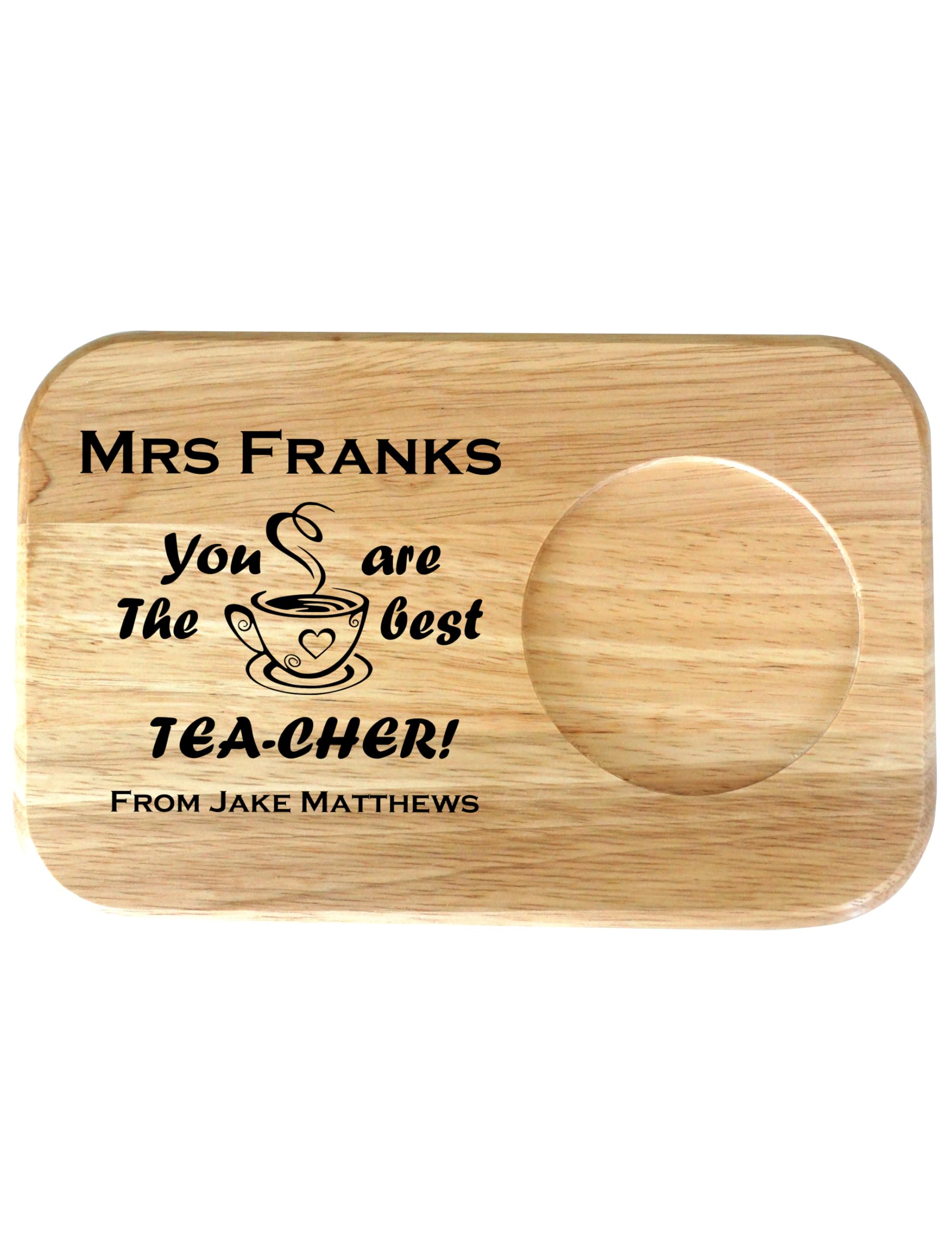 Personalised Solid Wood Teacher Snack Board with Mug Holder – Engraved Name and Thank You Message – Gift for Teachers, Assistants or Tutors