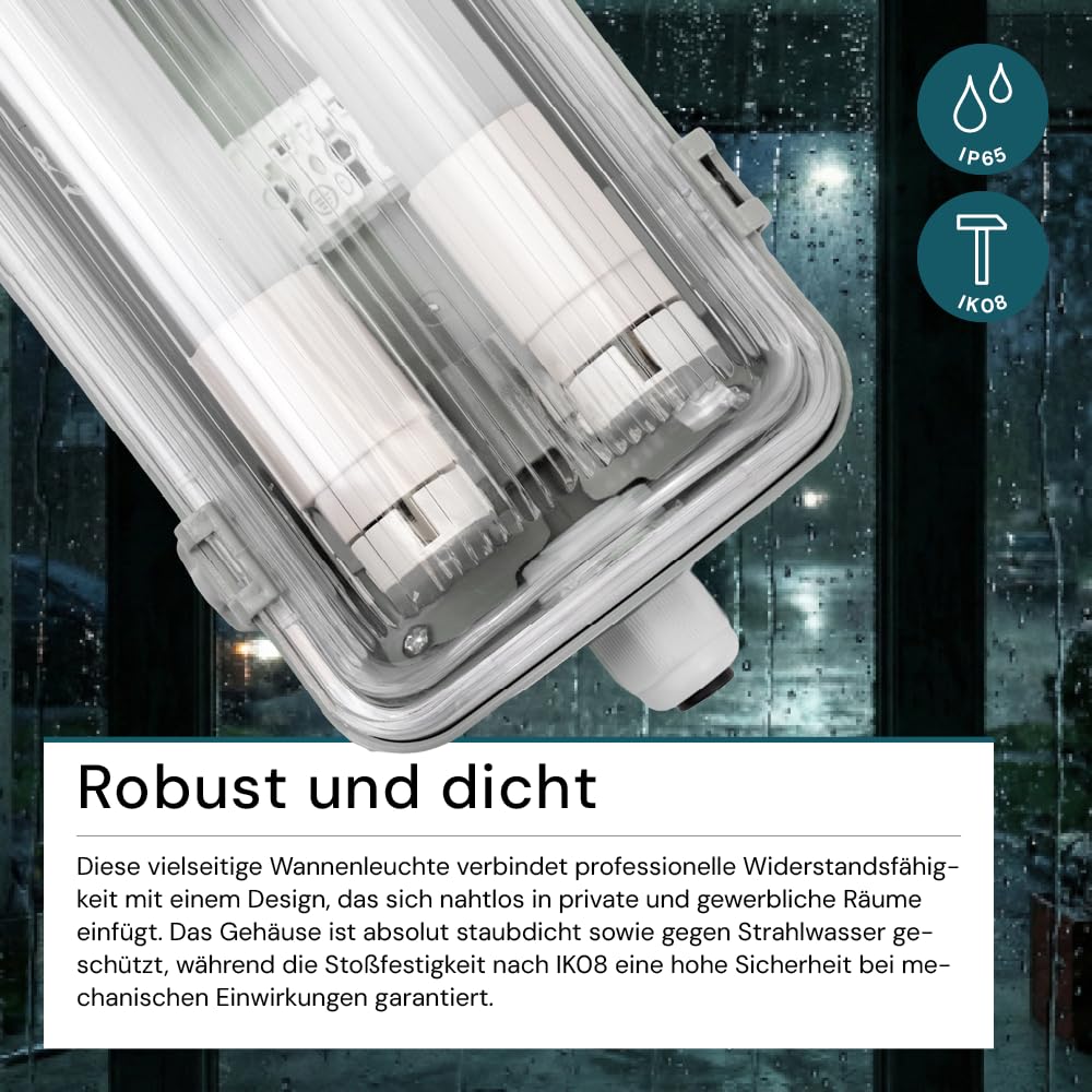 LUXULA LED Wannenleuchte 150cm mit 2x 22W LED Röhren T8 G13 Sockel, 4000K Neutralweiß, 4400lm - IP65 Feuchtraumleuchte für Werkstatt Keller Garage