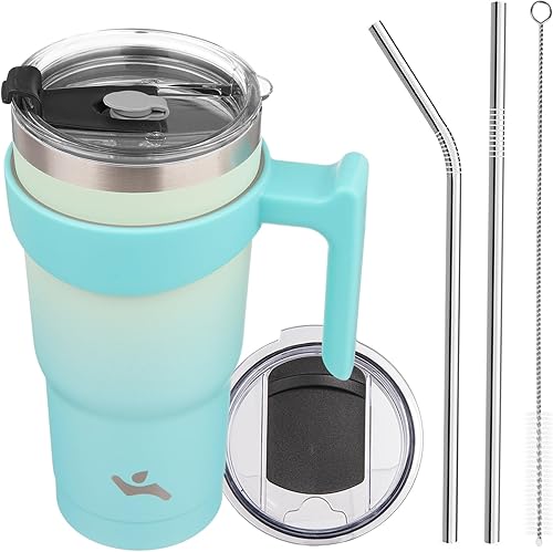 Miniatura 30 de Vaso de 30 onzas con asa y 2 pajitas, 2 tapas, botella de agua aislada de acero inoxidable con vacío, taza de viaje reutilizable, color lavanda