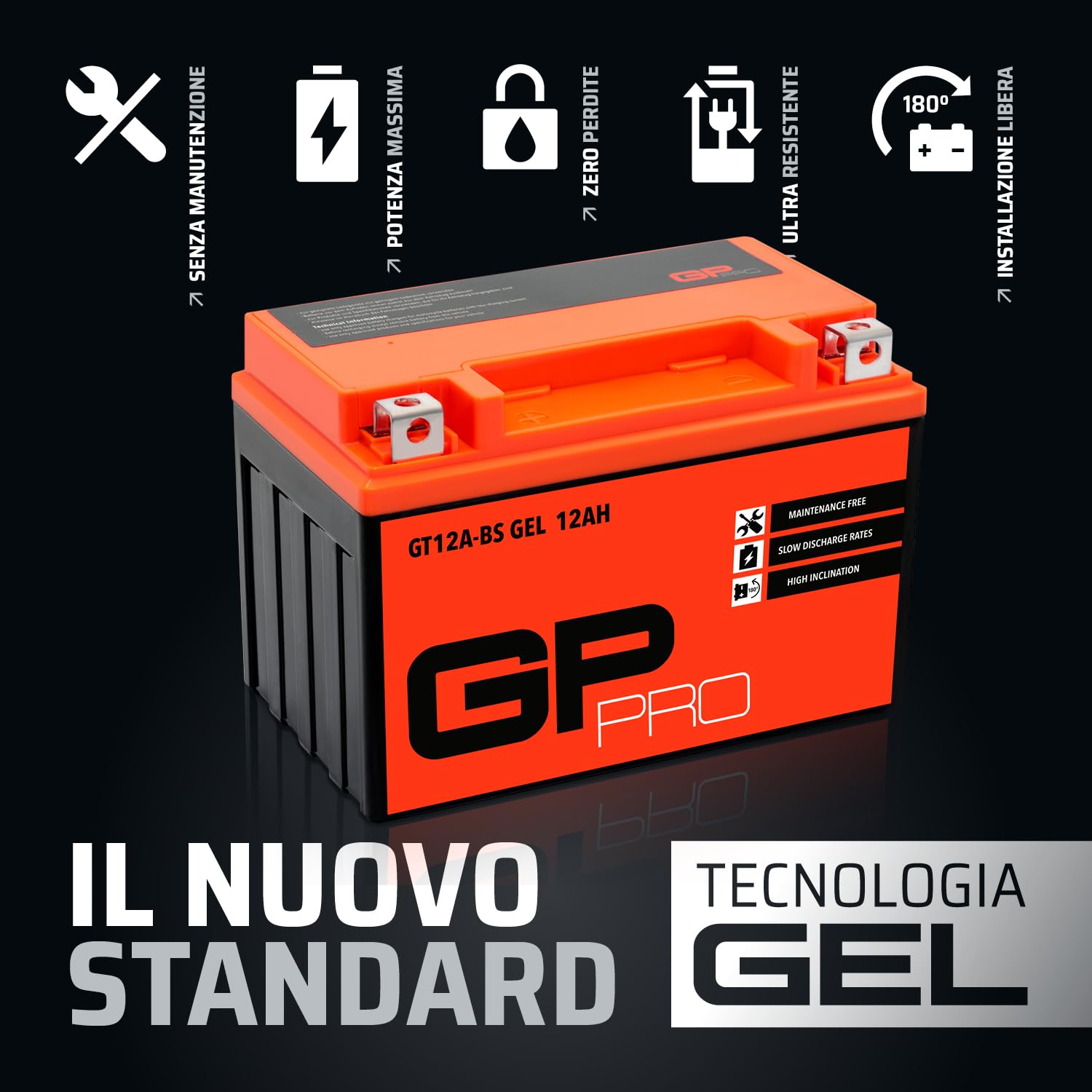 GP-PRO Akumulator rozruchowy GT12A-BS 12V 12Ah GEL (kompatybilny z akumulatorem motocyklowym YT12A-BS / YTX12A-BS) (bezobsługowy/uszczelniony)