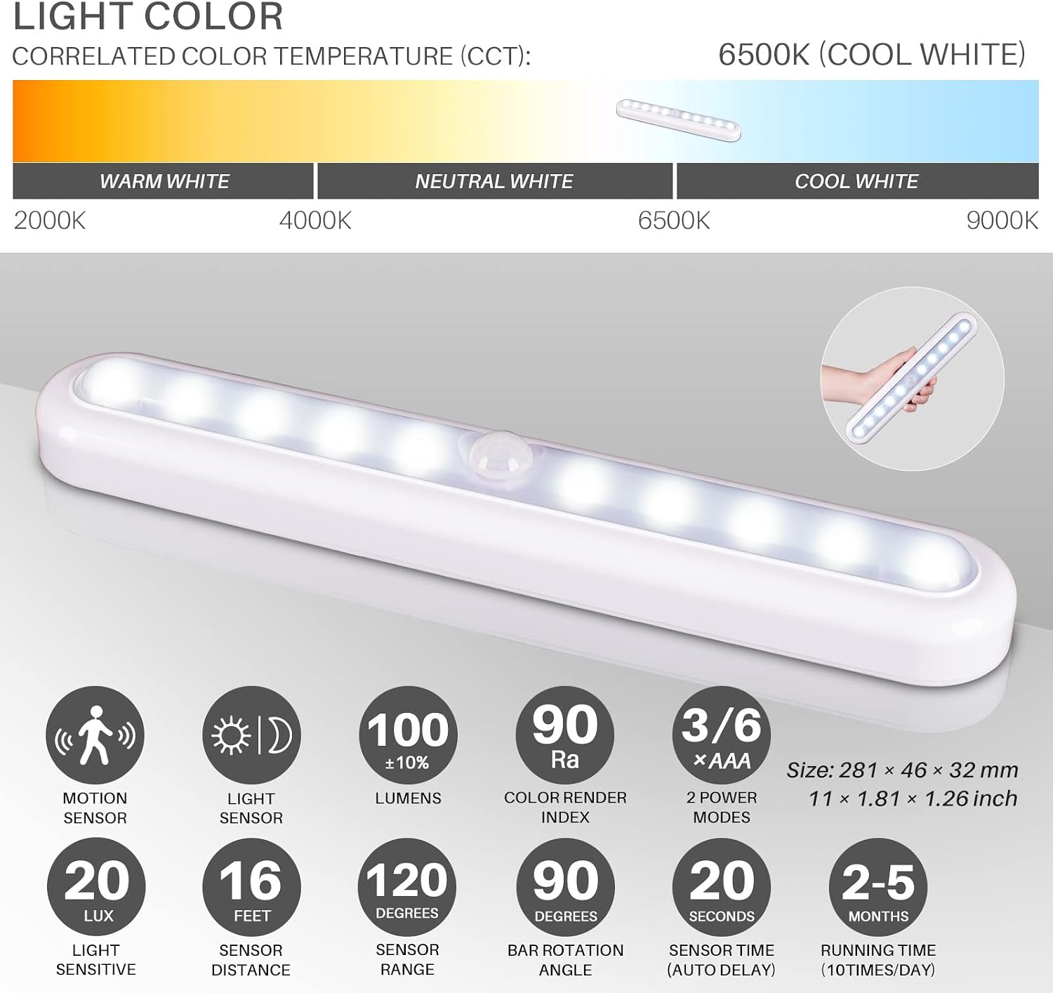 11inch Motion Sensor Light Indoor, STAR-SPANGLED Stick on Lights Battery Powered, Closet Lights Motion Activated Operated, LED Night Stair Lights for Under Cabinet, Hallway, Kitchen(Cool White, 2Pack)