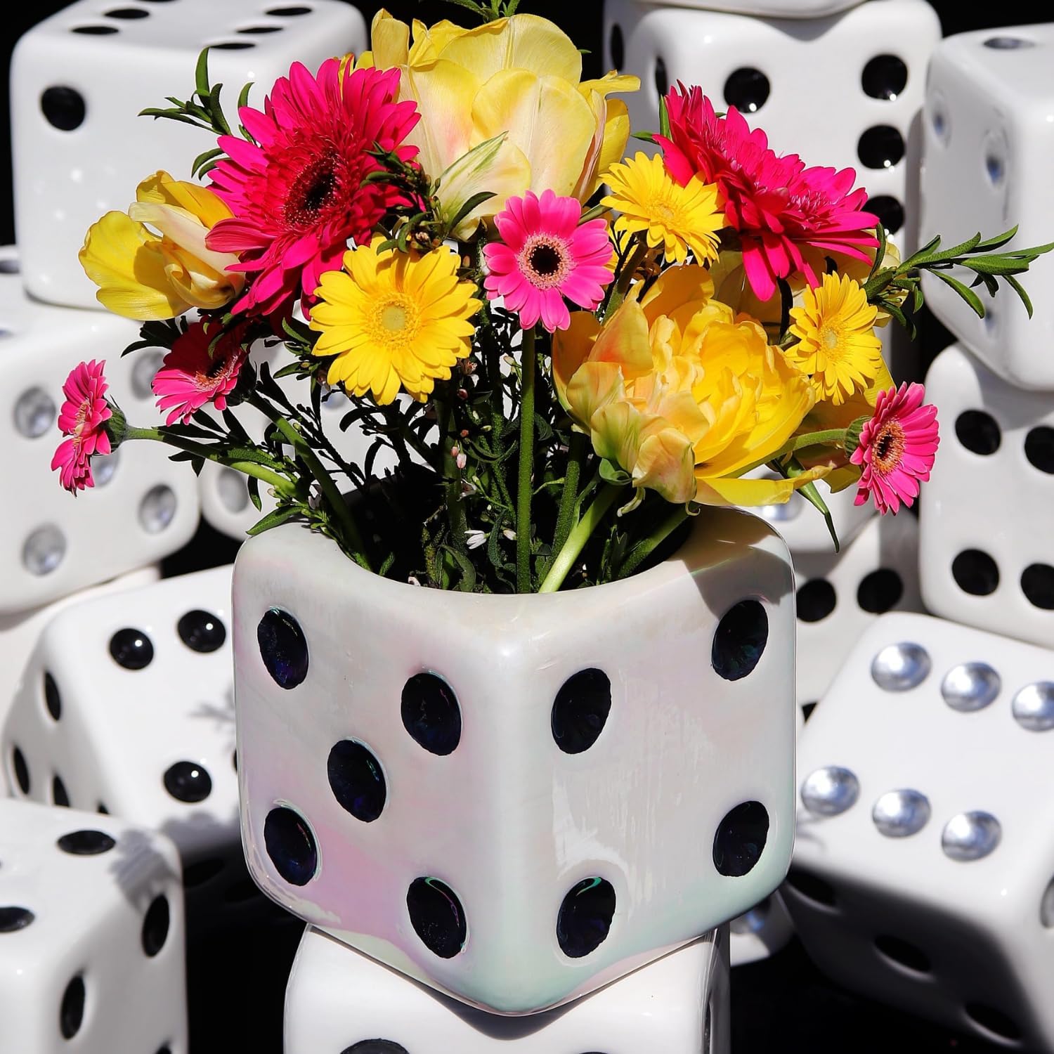 Iridescent White & Black Dice Vase, Maximalist Decor Large Ceramic Flower Vase for Desk, Shelf, Table, Bar Cart & Vanity - Unique, Funky, Trendy Design