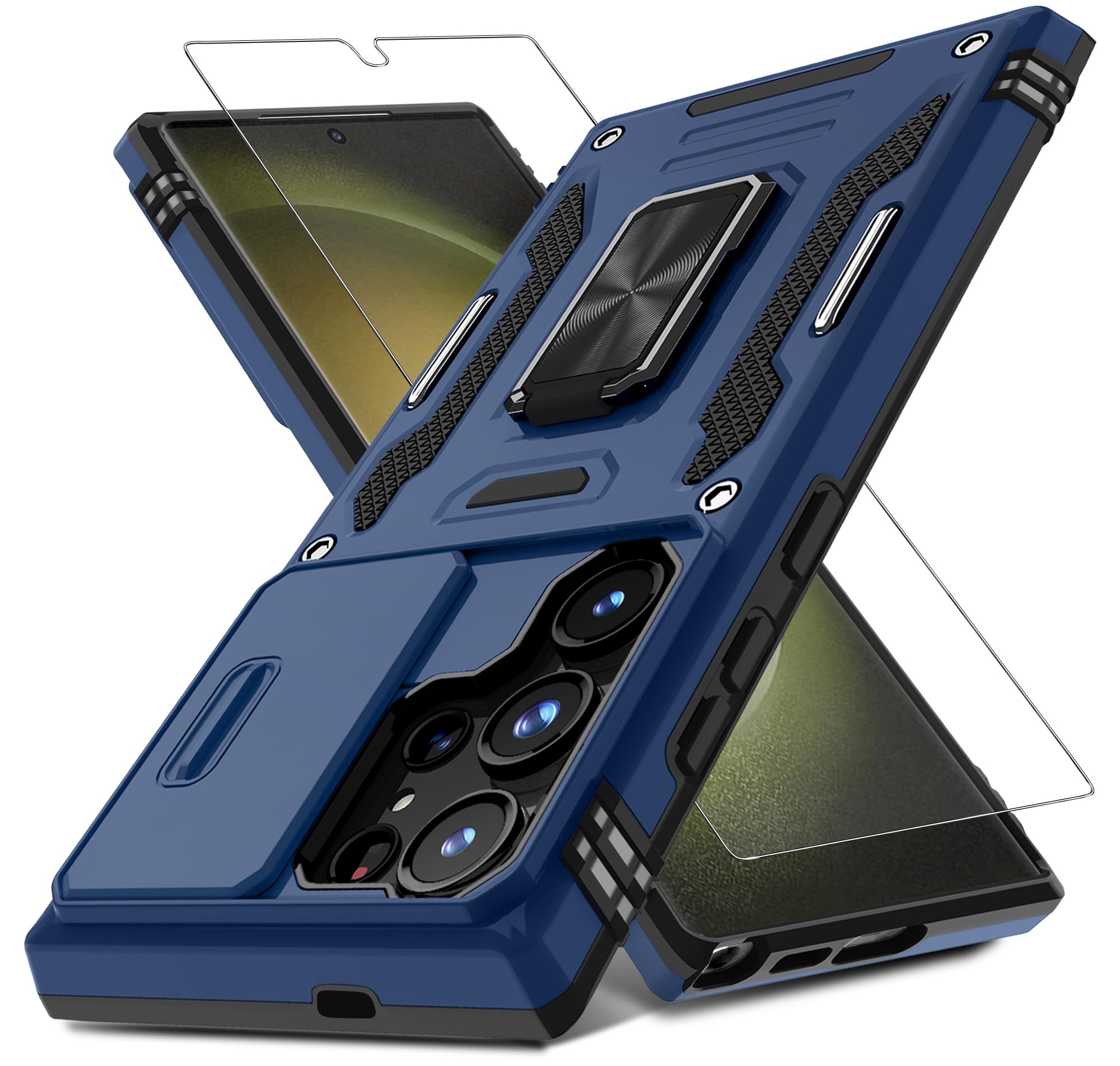 DEERLAMN Case for Samsung Galaxy S25 Ultra with Slide Camera Cover+Screen Protector (1 Pack), Rotated Ring Kickstand Military Grade Shockproof Protective Cover-Navy Blue