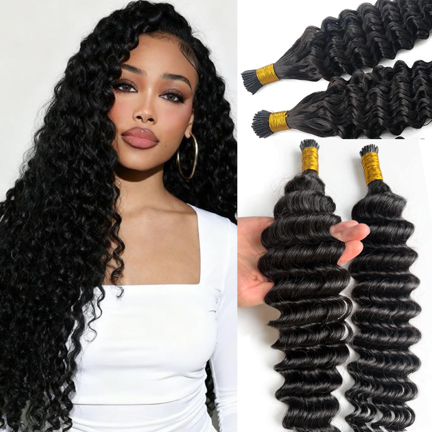 I Tip Hair Extensions Human Hair 18 Inch Deep Wave Stick Tip Human Hair Extension for Women Cold Fusion Stick Tipped Brazilian Virgin Hair Wavy Microlink Hair Bundles 50G 100 Strands #1B