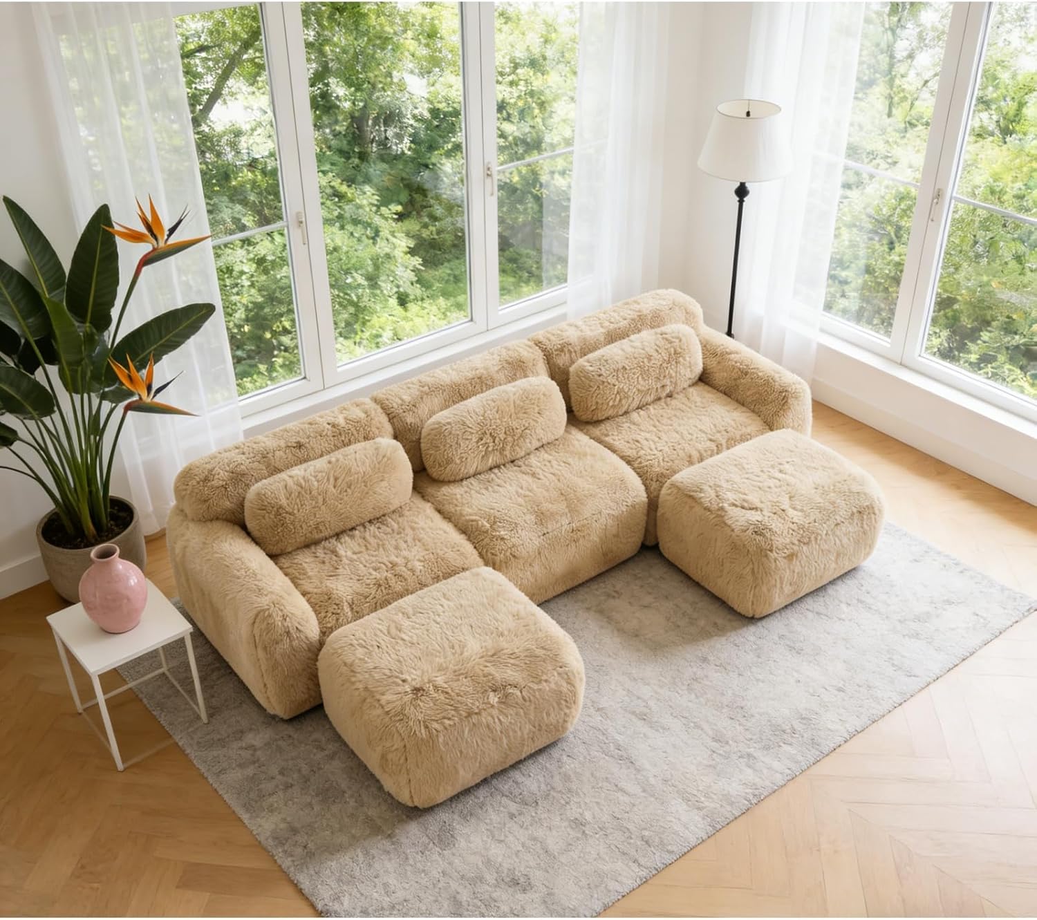 114.7" Modular Boneless Sofa, Modern Sectional Couch, U-Shape Boneless Couch for Living Room Apartments Bedroom, 32D High Density Sponge Lounge Sofa, No Assembly Required, Light Khaki