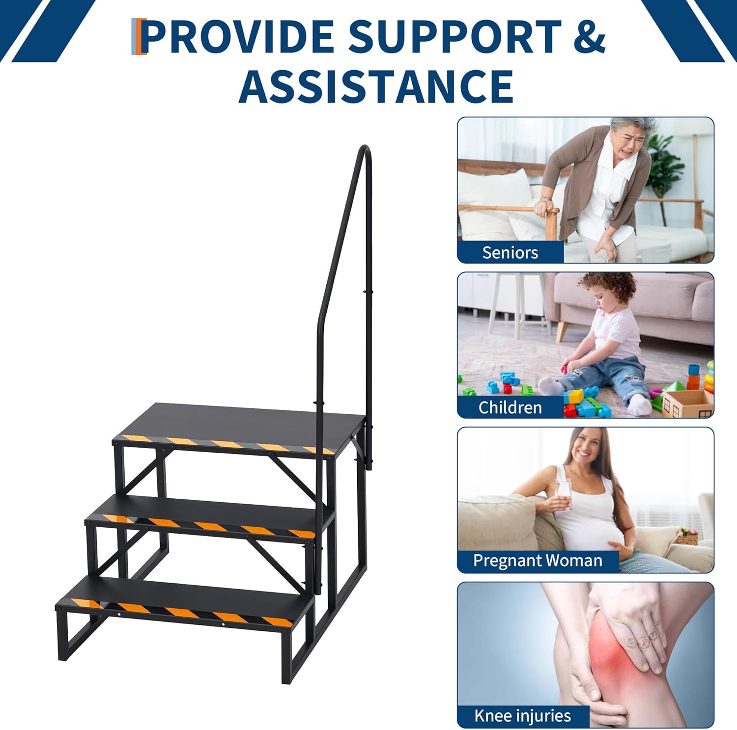 3 Steps RV Stairs with Handrail, Portable Hot Tub Step Ladder with Non-Slip Tape & Treads, Heavy Duty Mobile Home Stairs for 5th Wheel Travel, Trailers, Camper, Porch, SPA, Dock Entry, Pet Stairs