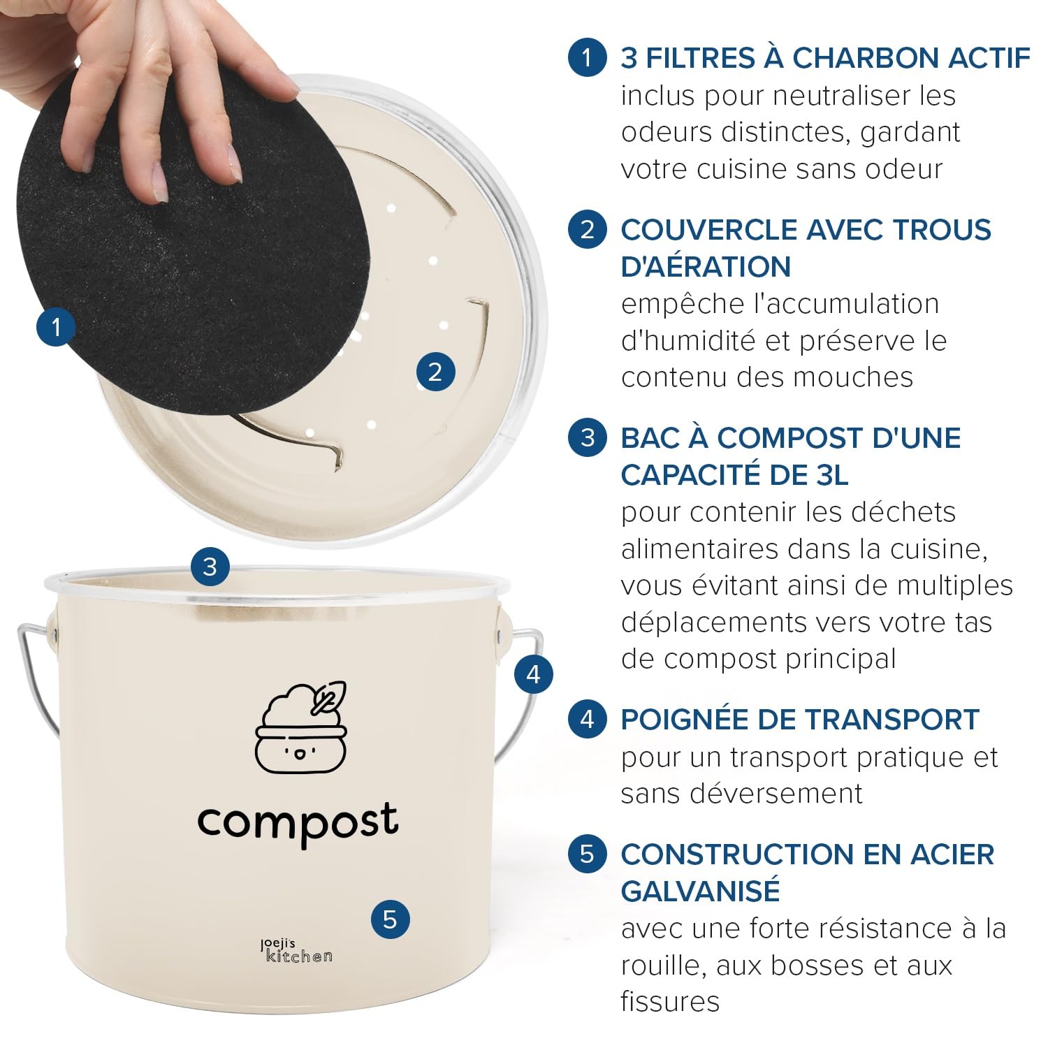 Bac à Compost 3,5 l – Compost de Cuisine Compact en Acier Galvanisé avec Filtres à Charbon