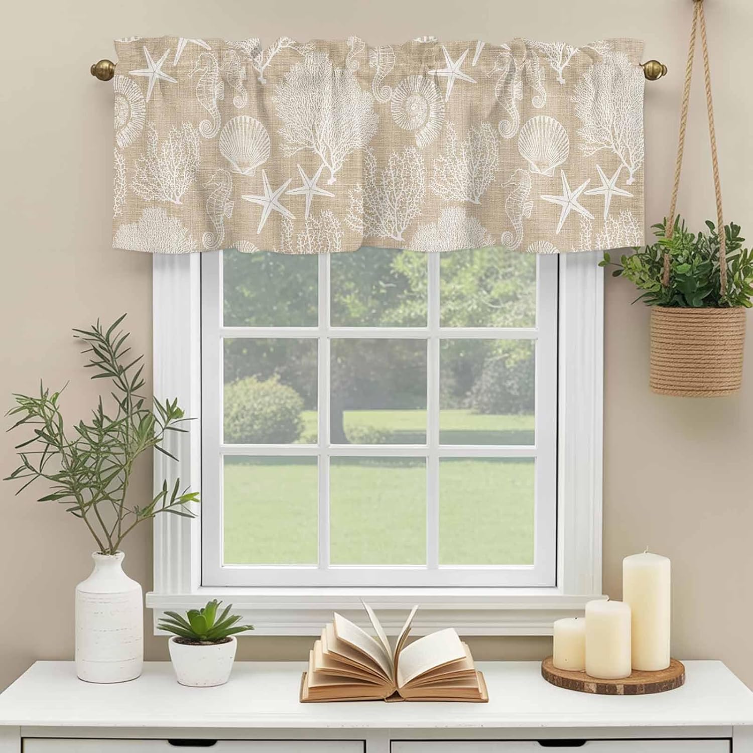 Brown Beige Coastal Curtain Valance 42" x 12", Window Valances Rod Pocket Curtains Drapes, Nautical Coral Starfish Shell Seahorse Ocean Short Topper Curtain for Kitchen Cafe Living Room, 1 Panel