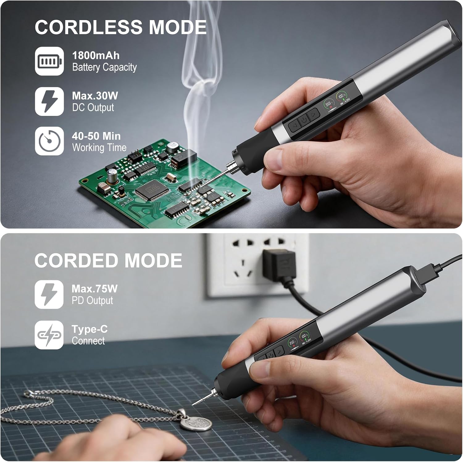 Cordless Soldering Iron Kit, 3s Fast Heat 75W-PD/30W-Battery | Portable Solder Iron, Auto Sleep,LCD Display&LED Lighting, USB-C+Magnetic Recharging Stand for Electrics Precision Repair DIY
