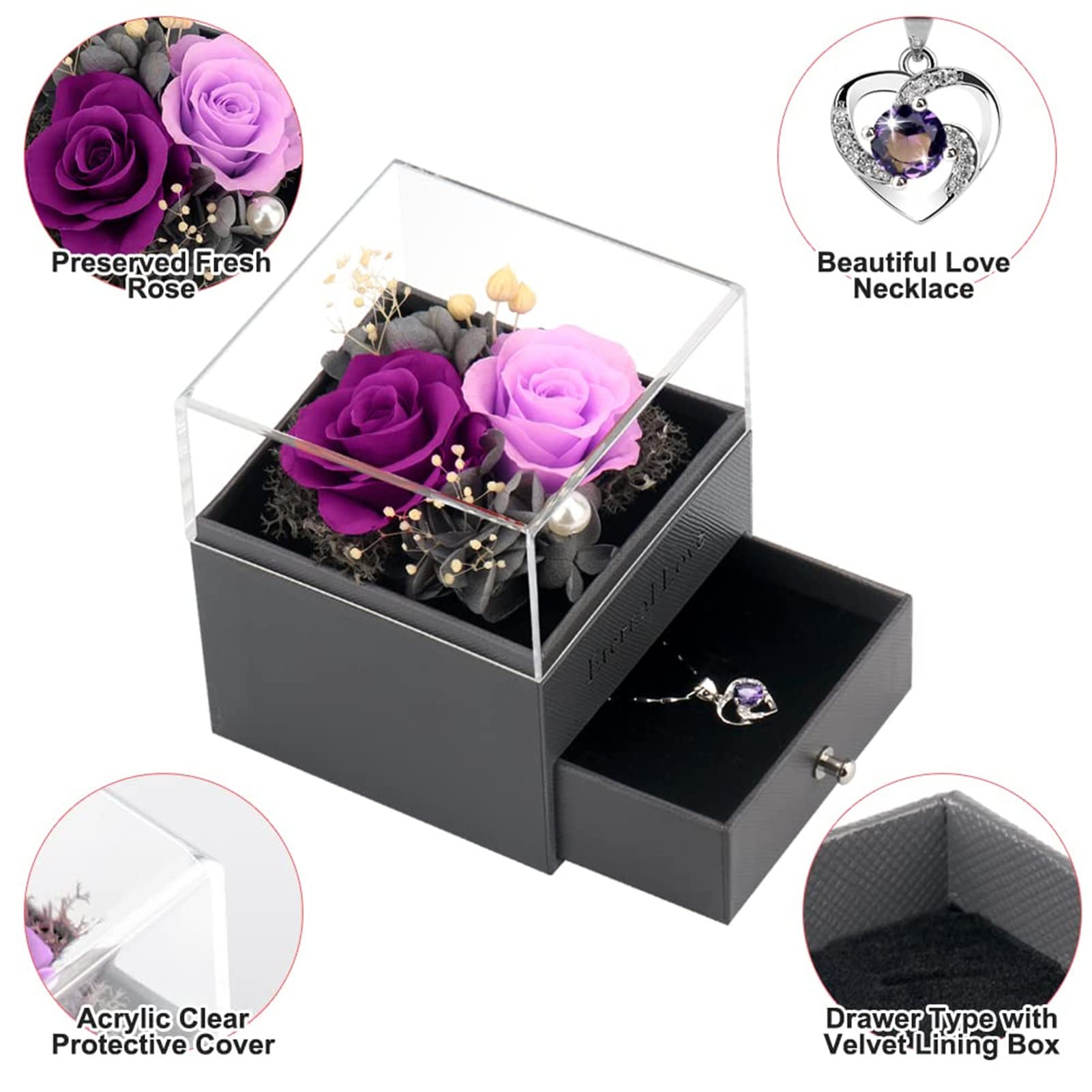 Cadeau Femme - 2 Roses éternelles Avec Collier - Boîte Cadeau - Pour Anniversaire, Saint-Valentin