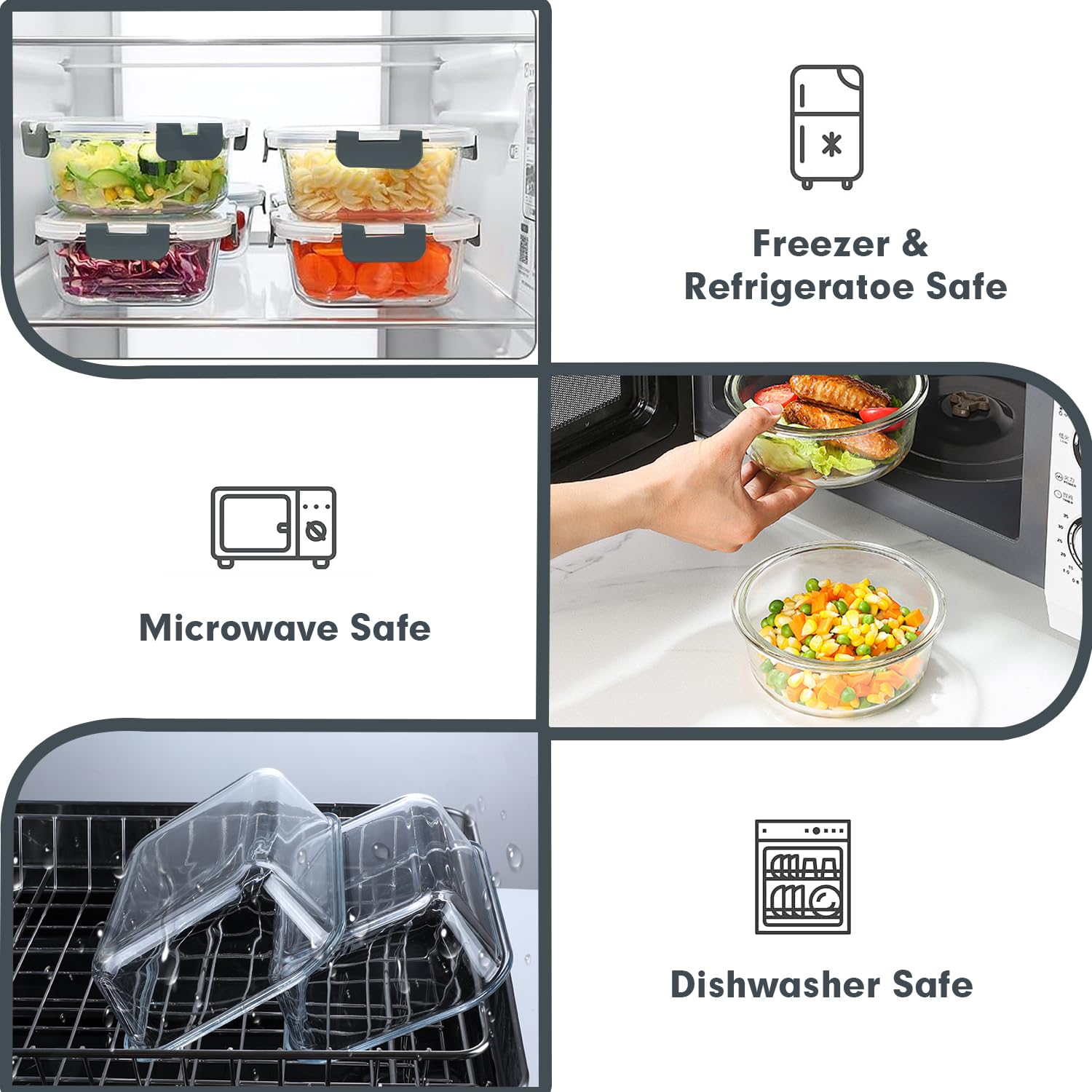 Juego de 30 recipientes de vidrio para preparación de comidas, contenedores apilables de almacenamiento de alimentos con tapas, recipientes herméticos de vidrio para el almuerzo, para 3