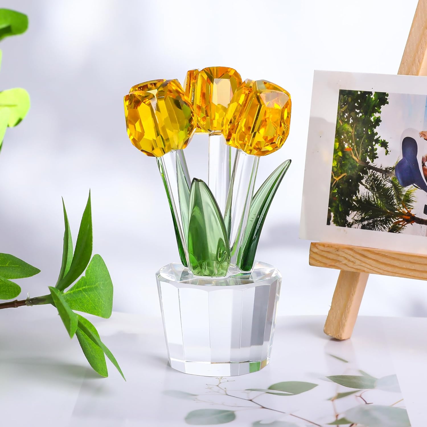 Movdyka Tulips Glass Flowers Figurines Crystal Decor Collectible Crystal Yellow Flowers Bouquet Ornaments Tulip for Women on Anniversary Wedding Christmas Valentines - Image 3