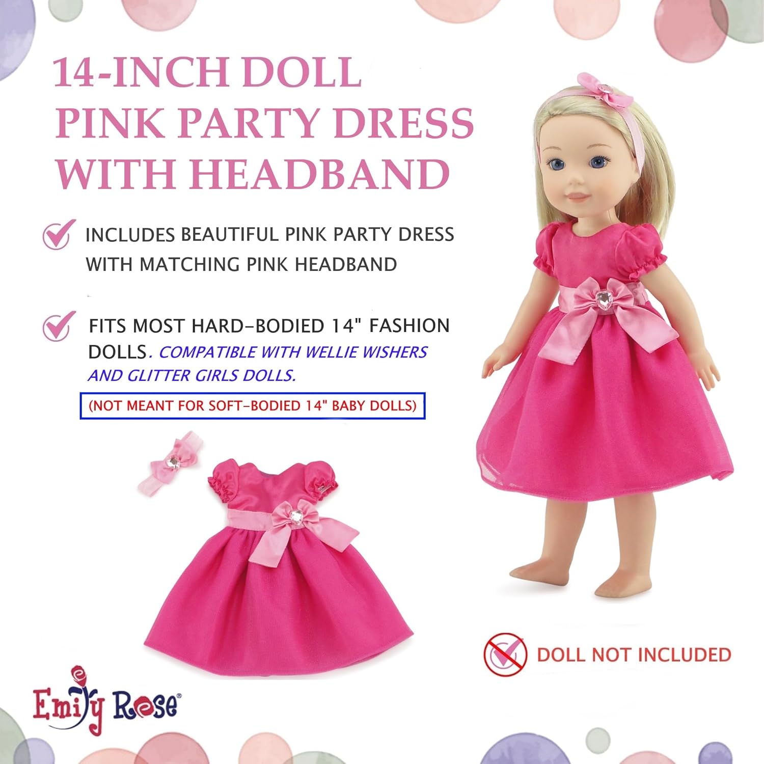 Emily Rose 14.5 Inch Doll Beautiful 14" Doll Jeweled Pink Party Dress, Includes Matching Headband Accessory | Perfect for Valentine's Day!
