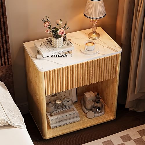 Miniatura 4 de Juego de 2 mesitas de noche acanaladas modernas para dormitorio, mesita de noche de mediados de siglo con cajón y estante abierto, mesa auxiliar de