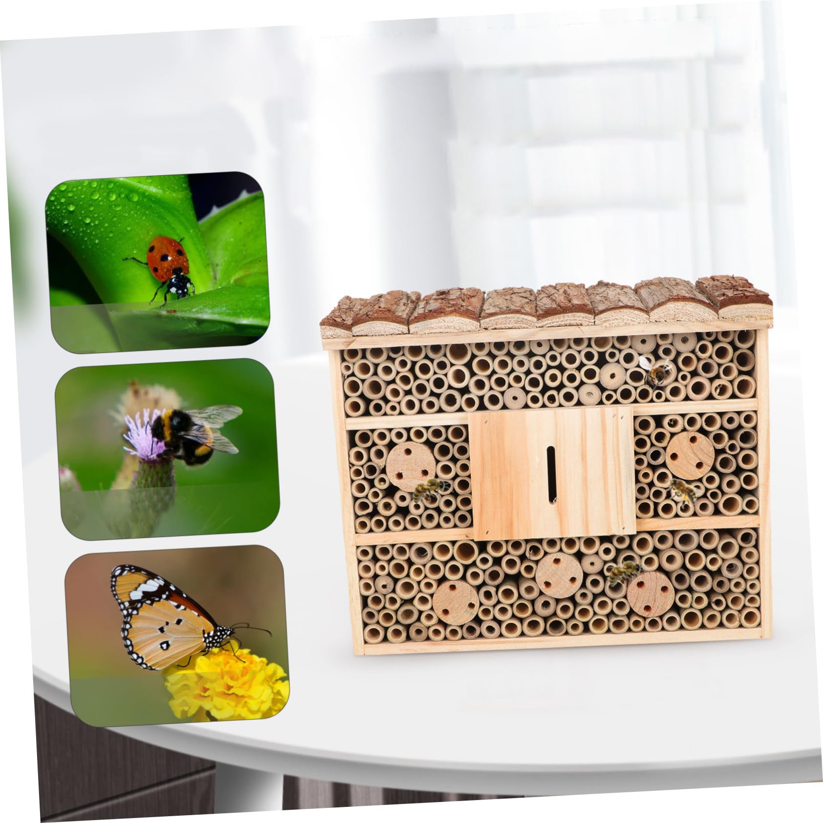 YARNOW Casetta in Legno per Api e Insetti Benefici, Rifugio Naturale Beige per Attrarre Insetti Utili e Mantenere L'ecologia del Giardino, Stile Casa in Legno
