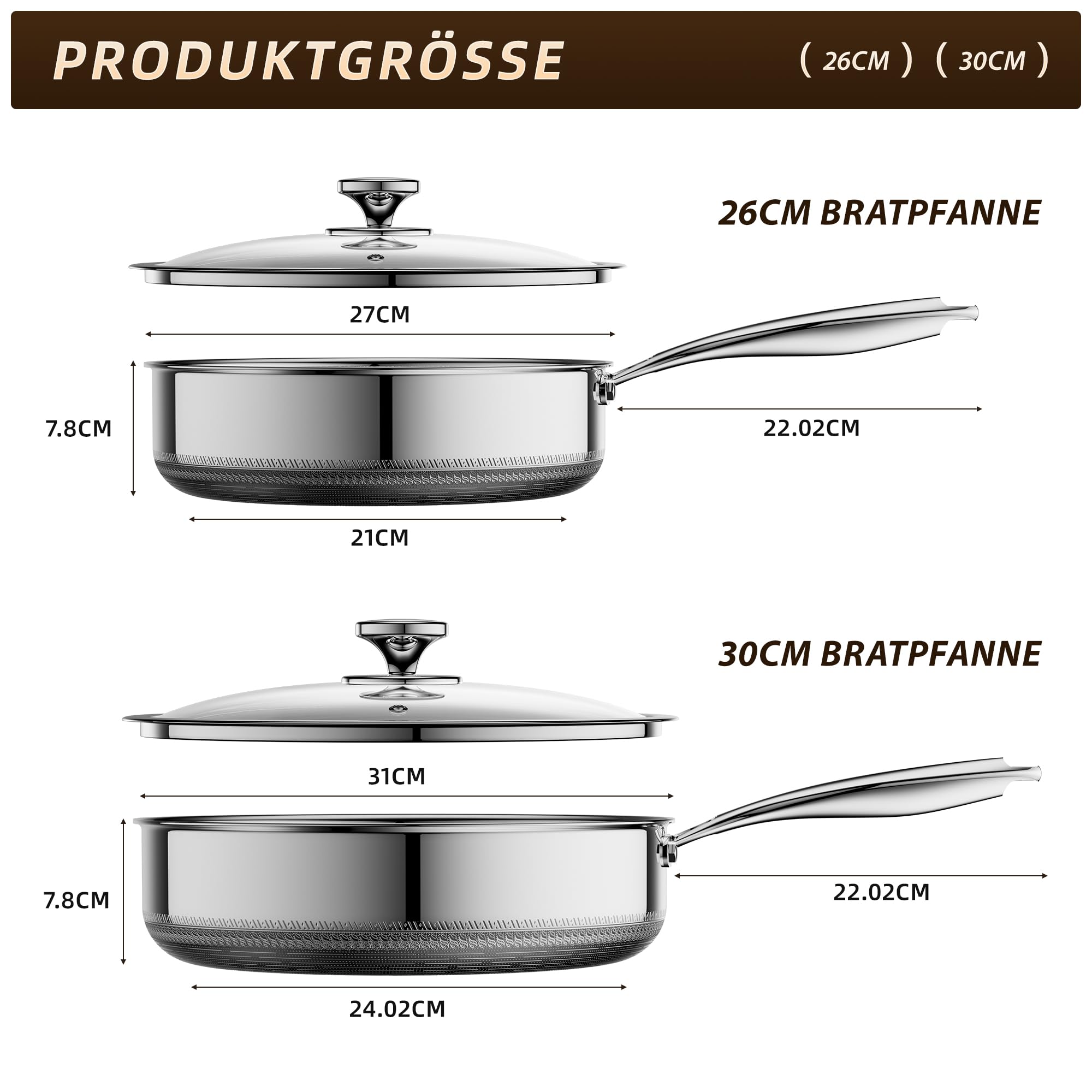 Tiefe Bratpfanne mit Deckel 26cm, Edelstahlpfanne Hybrid, Kühl bleibender Griff, Spülmaschinenfest, PFAS, PFOA und PTFE Frei, Ofenfest bis 260 °C, Geeignet für Induktion, Alle Herdarten