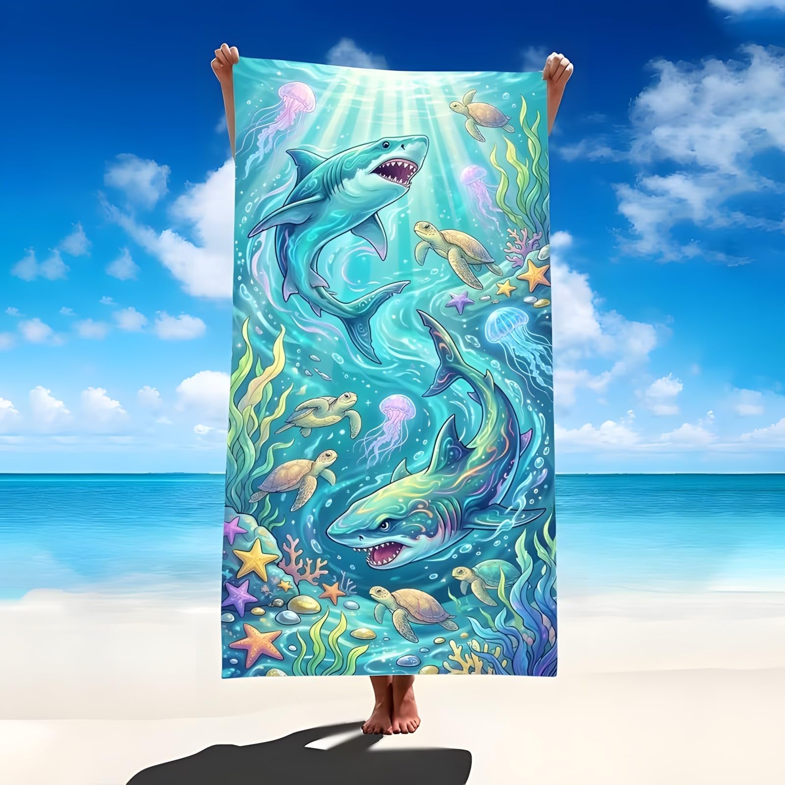 YZQGLHP Ocean Microfibre Beach Towel Sharks Beach Bath Towel Quick Drying, Lightweight, Sand-Free, Durable, for Pool, Gym, Camping, Travel Towel 90x200cm
