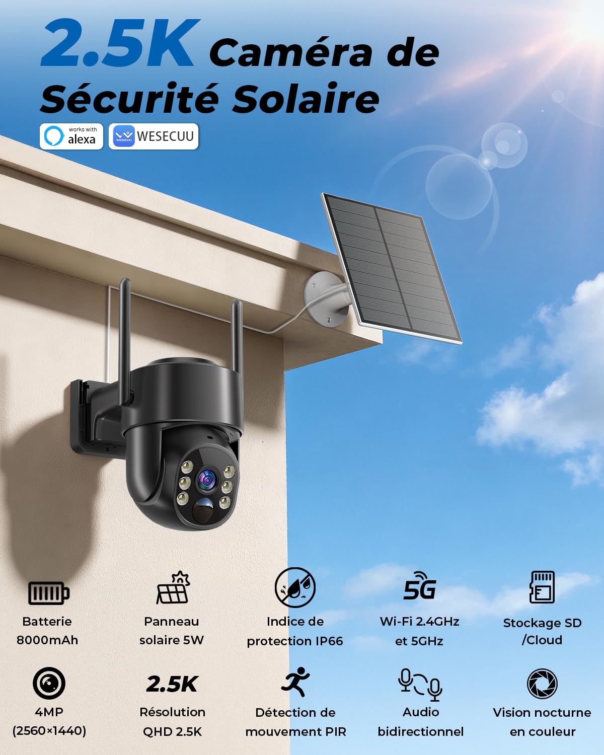 Camera Surveillance WiFi Exterieure sans Fil Solaire 2.5K 4MP avec Panneau Solaire 5W, 2K QHD, Batterie 8000mAh, 2.4G et 5GHz Wi-FI, 360° PTZ Suivi Automatique, IP66, PIR Détection