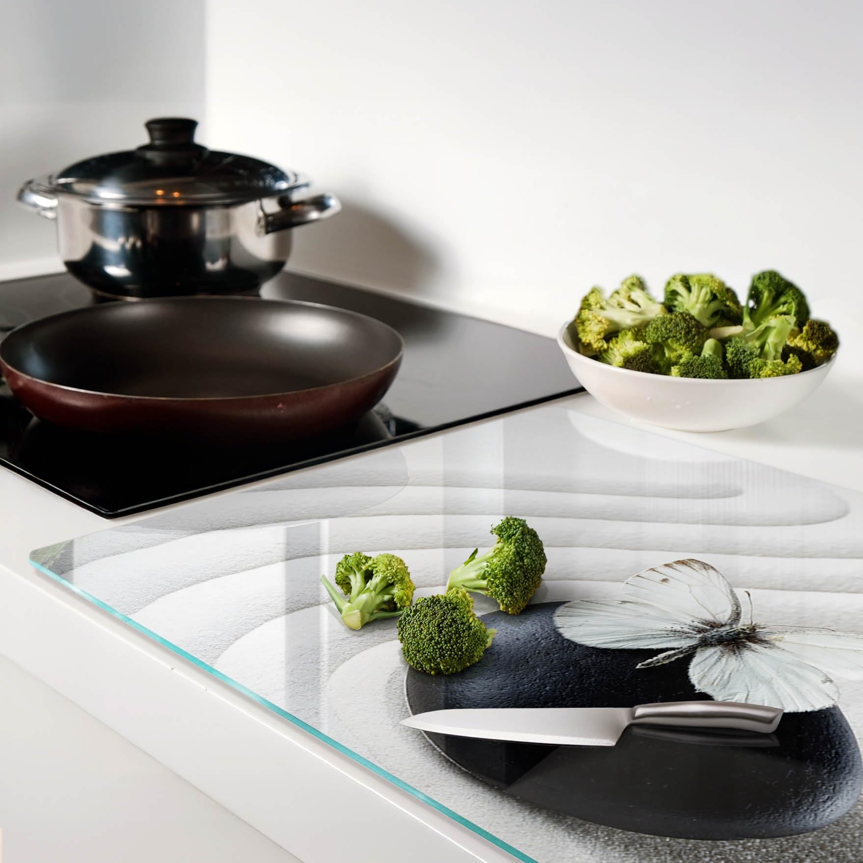 Tagliere in Vetro Temperato 80x52 cm da Cucina con Piedini Antiscivolo Durevole e Igienico Resistente al Calore con Stampe Facile da Pulire Rettangolare Antigraffio - Farfalla Zen
