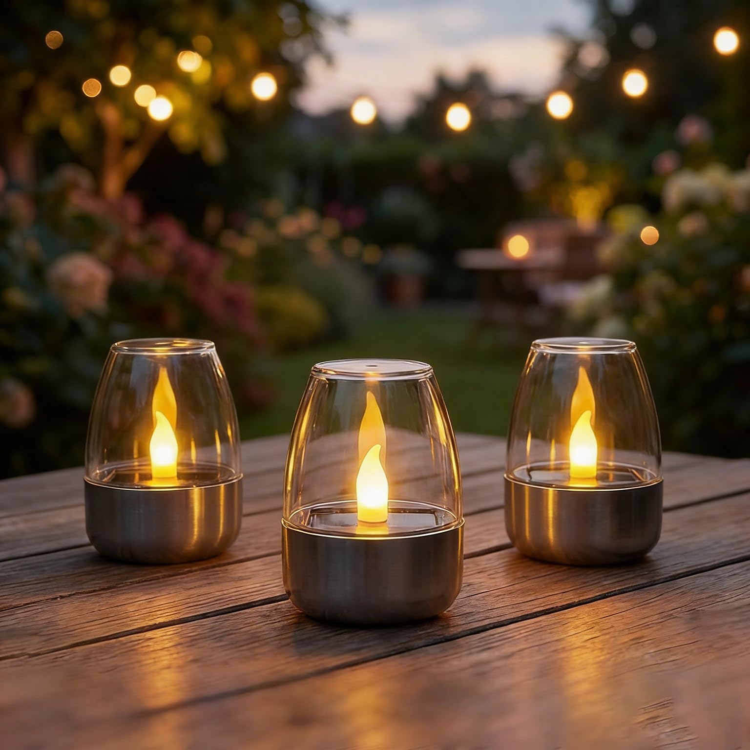 Velas solares led con base de acero para mesa de jardín pack de 3