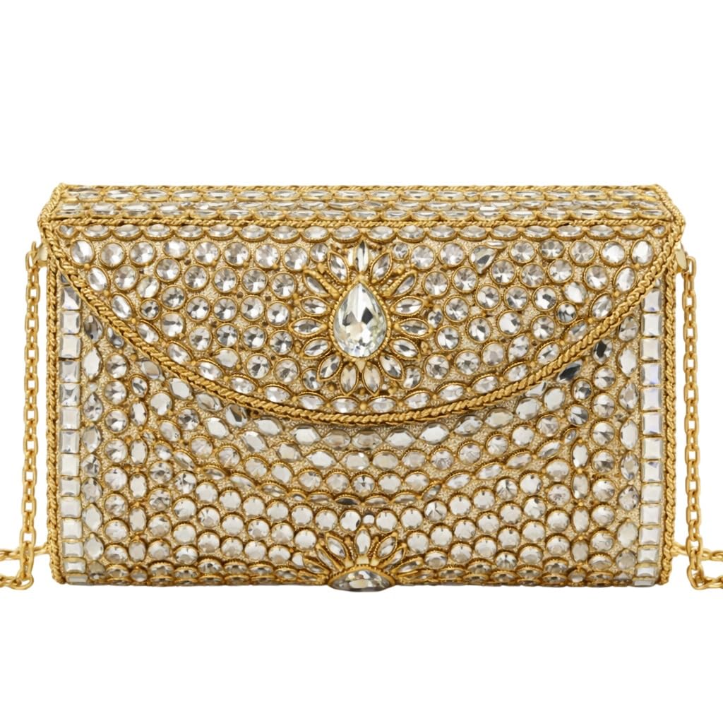 Gold Crystal Embellished Clutch for Women | Designer Stone Work Party Clutch with Chain Strap | Wedding, Bridal & Festive Sling Bag (Round)-image-6