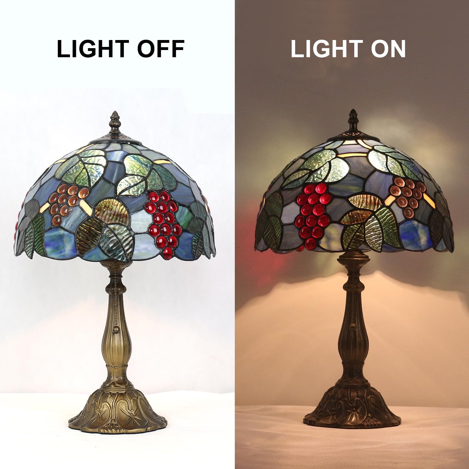 Tiffany Lamp,W12H19 Inch Stained Glass Table Lamp,Antique Desk Light,Art Decor Table Lamp (Grape)