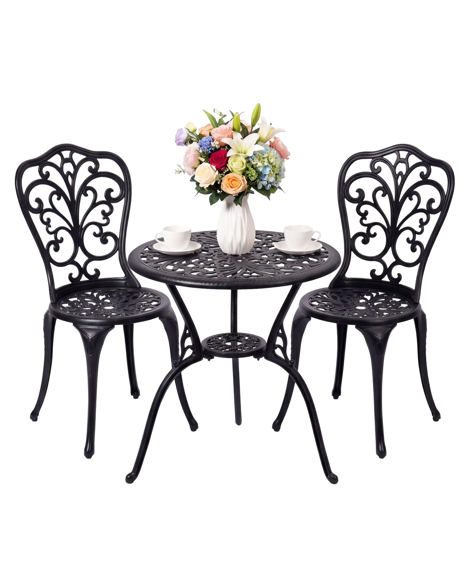 Set Tavolo e Sedie da Giardino 3 Pezzi in Alluminio Pressofuso, Set Bistrò da Esterno Antiruggine per Balcone, Veranda e Patio, Design Vintage con Motivo a Vite, Nero