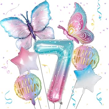 Isndare Butterfly Balloons 7th Birthday Decorations Girls, Gradient Pink Colorful Butterfly Foil Balloon, Giant Number 7 Foil Mylar Balloon, 7 Years Old Butterfly Theme Birthday Party Supplies Decor