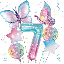 Isndare Butterfly Balloons 7th Birthday Decorations Girls, Gradient Pink Colorful Butterfly Foil Balloon, Giant Number 7 Foil Mylar Balloon, 7 Years Old Butterfly Theme Birthday Party Supplies Decor