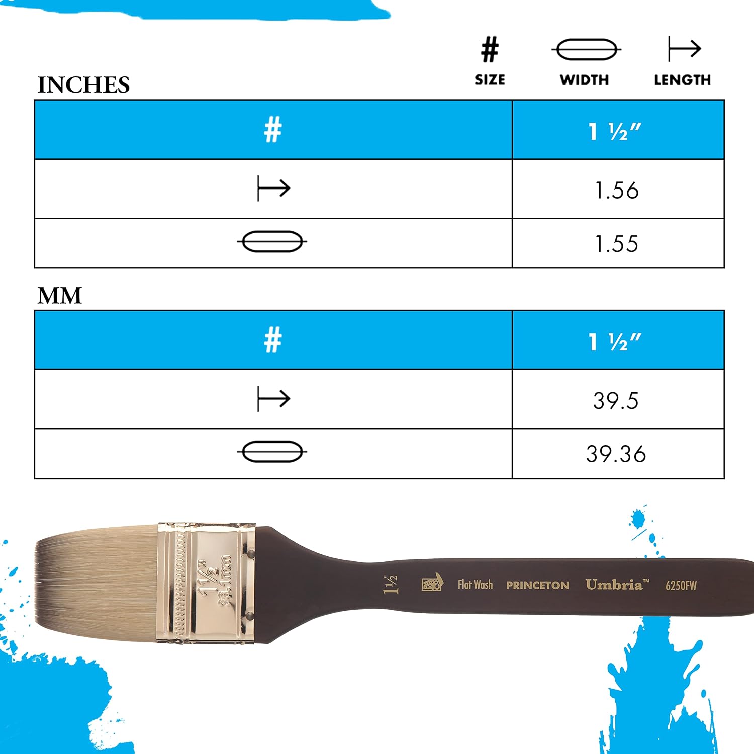 Princeton Umbria Flat Wash Brush, Synthetic, Short Handle, Size 1.5 inch, 1 Count