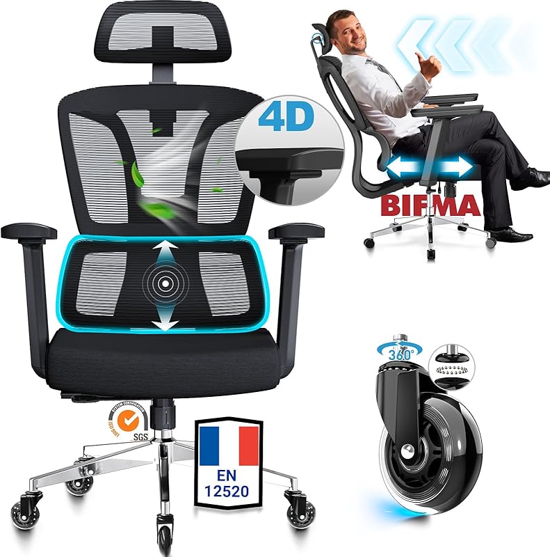 MELOKEA Fauteuil de Bureau Ergonomique, Accoudoirs 4D, Profondeur d’Assise Réglable, Roulettes en Ca