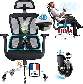 Fauteuil de Bureau Ergonomique, Accoudoirs 4D, Profondeur d’Assise Réglable, Roulettes en Caoutchouc, Dossier Haut, Inclinaison à 4 Niveaux, Office & Télétravail & Gaming, Chaise Bureau 200 KG