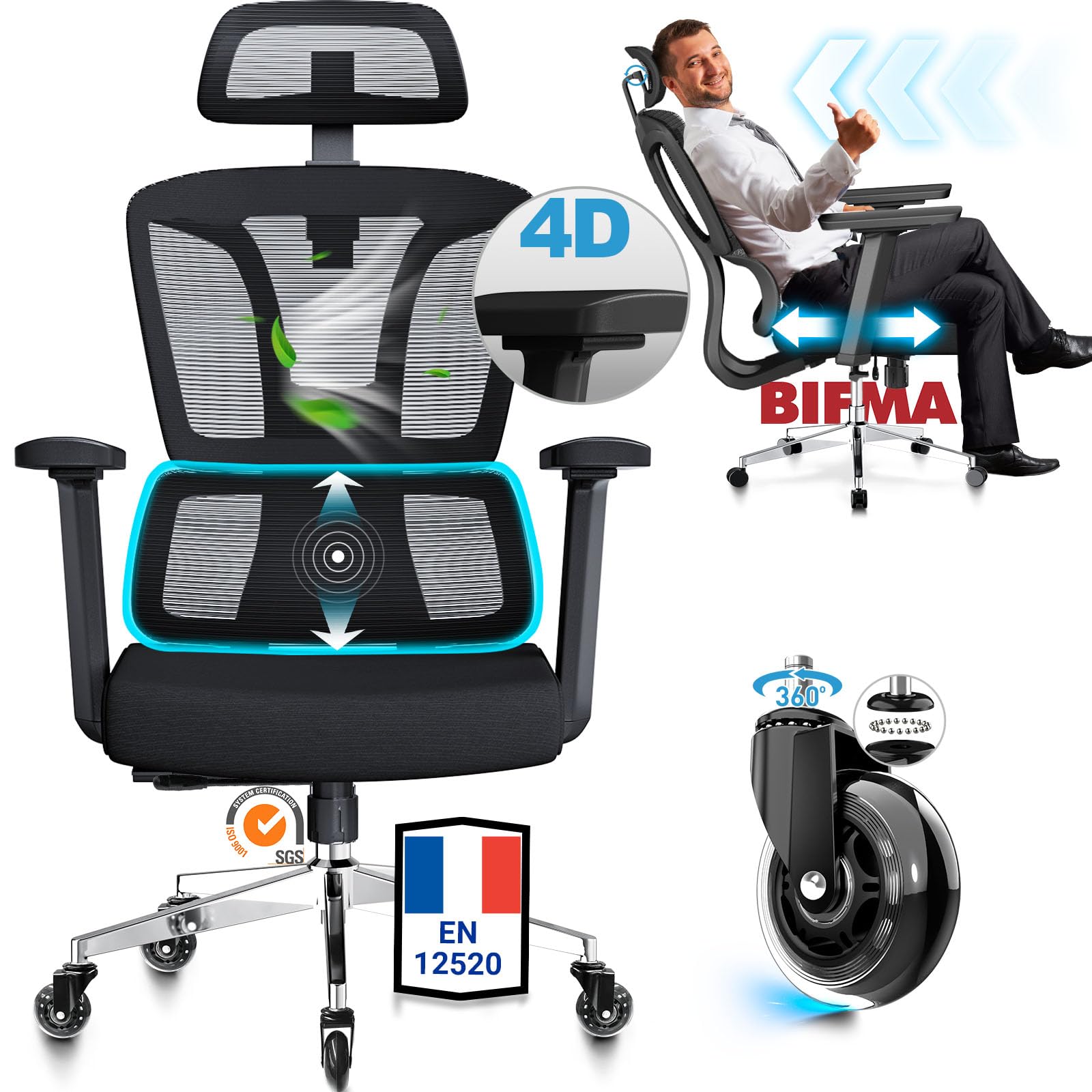 Fauteuil De Bureau Ergonomique Haut - Dossier Et Assise En Maille Respirante - Accoudoirs 4D - Inclinable - Charge Max 150 Kg