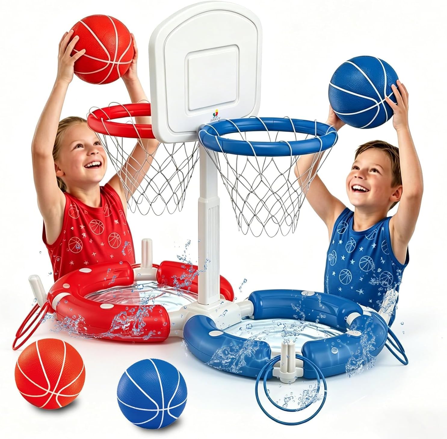 Dual Pool Basketball Hoop with Backboard for Boys Girls 2-in-1 Floating Pool Toys Ring Game 4 Balls 8 Rings & Pump Outdoor Swimming Pool Basketball Games Water Play Summer Toy for Adults and Family